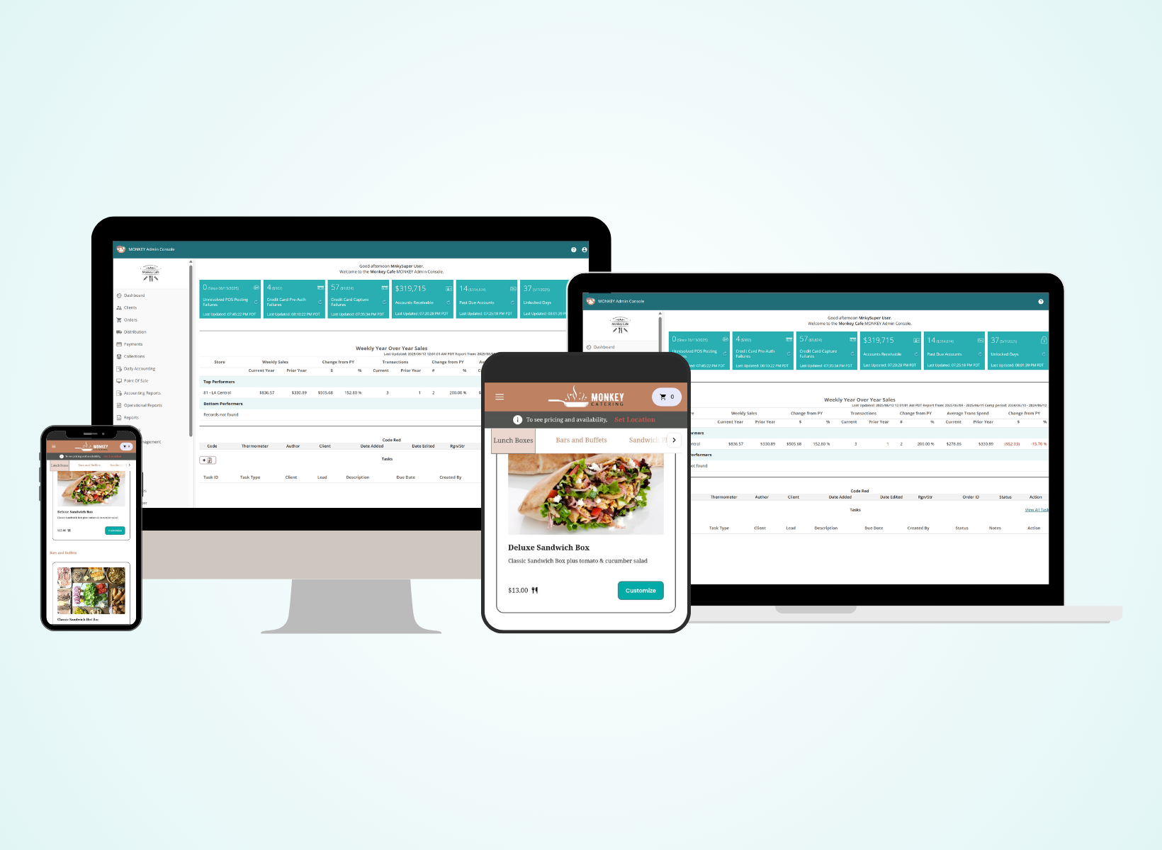 Monkey media catering software shown on desktop and responsive devices